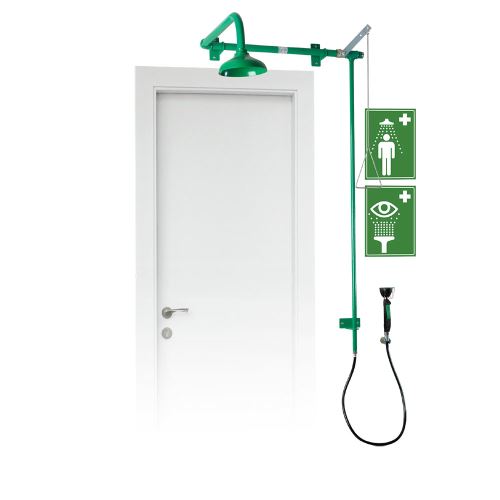 Bezpečnostní sprcha pro umístění nad dveře s ruční oční sprchou